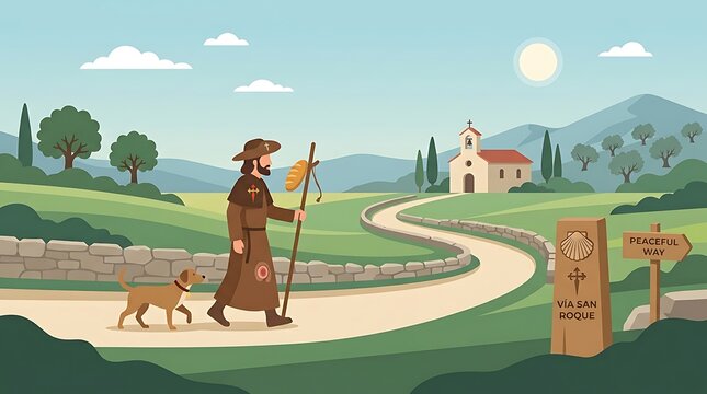 Walking path with pilgrim staff and Saint Roch symbolism, minimal text, peaceful flat vector artwork