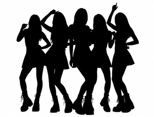 Fototapeta premium Black silhouettes of five young women dancing in studio. Girls perform pop choreography on white background. Female group posing together in stylish outfits. Musical band members moving arms, legs