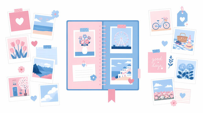 Memory Journal Open with Polaroid Photos and Decorative Elements Around in Pastel Pink Blue Color Scheme