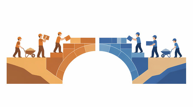 Workers building bridge connecting two sides with orange and blue bricks across a chasm