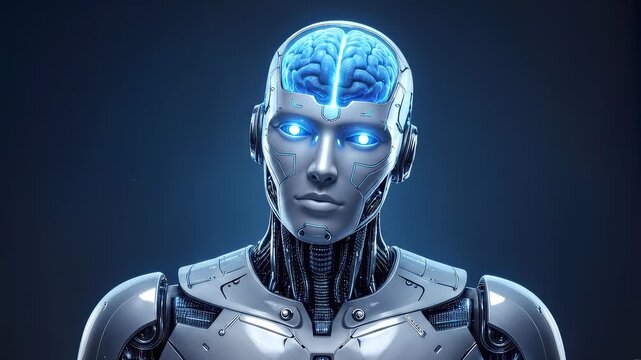 Advanced android with glowing synthetic brain turning head. Futuristic humanoid robot with blue light illumination. Lockdown medium shot.