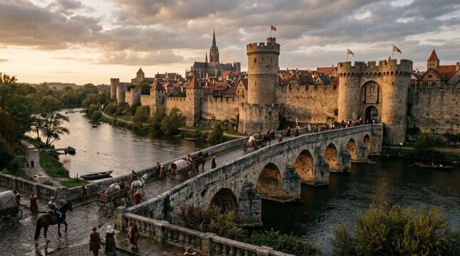 Medieval Castle and Stone Bridge at Sunset.