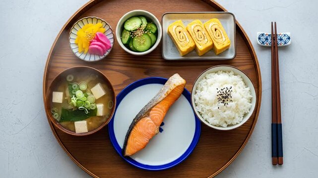 Healthy traditional Japanese breakfast with salmon, rice, miso soup, and sides served on a wooden tray.