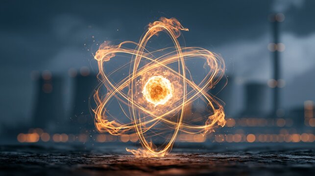 Conceptual illustration of a glowing atom above a nuclear power station, representing nuclear energy, scientific research and advanced technology