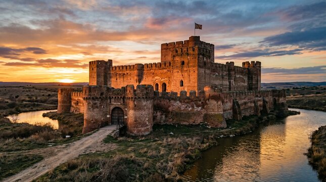 Medieval Castle at Sunset by the River.