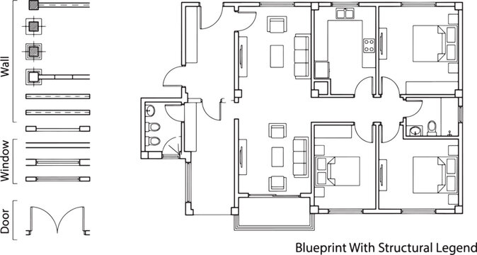 Architectural floor plan layout with structural legend showing walls windows and doors in a technical drawing style