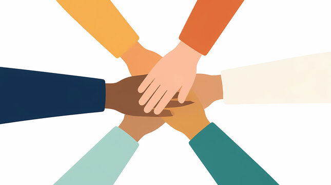 Hands of diverse people joining together in a central stack formation showing unity and teamwork with colorful sleeves against white background