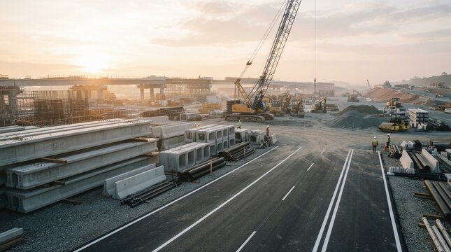 Roadway renewal concept with asphalt markings, bridge girders, precast barriers, drainage pipes, cranes, and gravel in a construction yard.