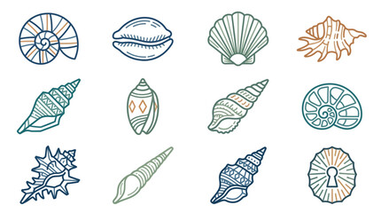 Professional of Twelve Unique and Colorful Seashells and Marine Fossils for Design Projects with high quality professional line art symbols for modern creative design and digital branding projects © Empik