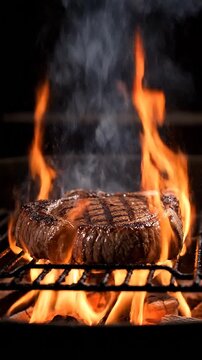 Beef steak sizzling on flaming charcoal grill with rising smoke