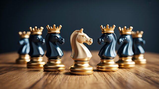 Chess strategy concept with knight and crowned pieces representing leadership planning and competition