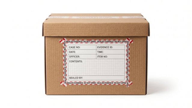 Professional courtroom evidence storage box isolated on a pure white background. Realistic forensic packaging with clean studio lighting suitable for legal, investigation and justice concepts.