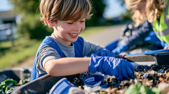 Child collecting recyclables in a quiet rural lane, placing sorted items into labeled bins alongside an older sibling, symbolic still life of small labeled containers representing neurodiversity wor