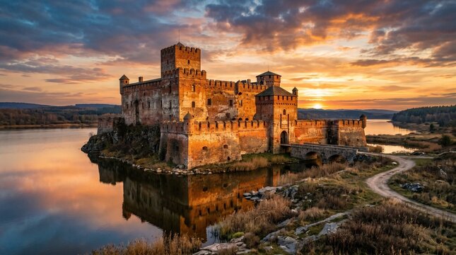 Medieval Castle Reflected in Calm Water at Sunset.