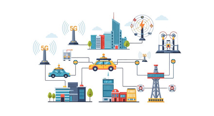 Fototapeta premium Smart City Infrastructure Concept with 5G Network, Autonomous Vehicles, and IoT Connected Urban Systems Vector Illustration