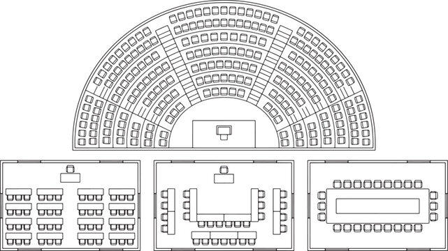 Set of conference room and auditorium seating floor plan layouts in black and white vector line art