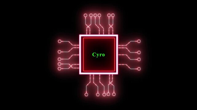 Central processing unit with glowing neon circuits and spinning text.