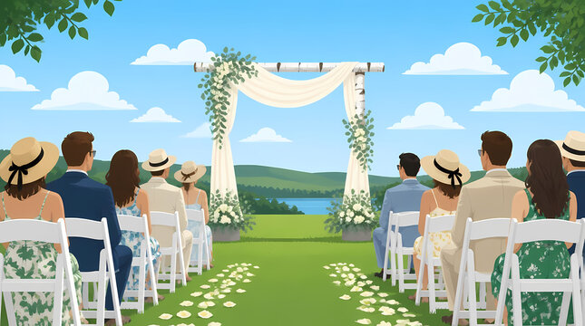 Wedding ceremony with guests seated under a birch arch decorated with white flowers and greenery in an outdoor garden setting