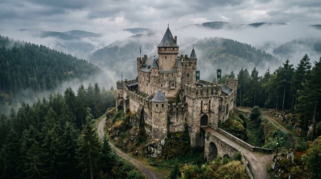 Misty Medieval Castle Surrounded by Dense Forest and Mountains.