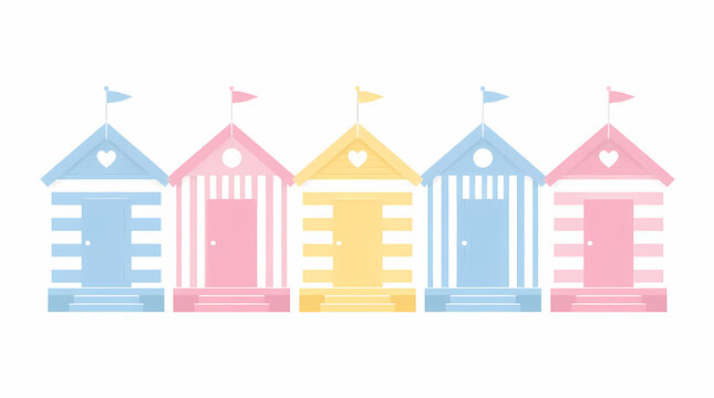 Beach huts lined up at seaside with pastel colors and heart cutouts on gables featuring small flags atop each structure