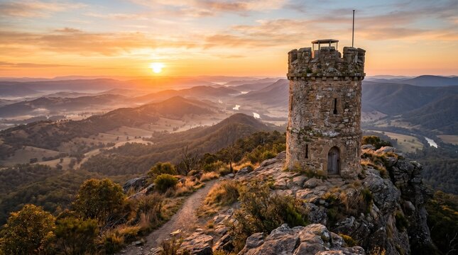 Stone Tower on Mountain Peak at Sunrise.