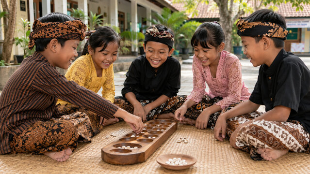 Happy Indonesian Children Playing Traditional Congklak Board Game Together on Woven Mat
