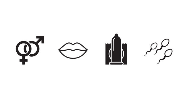 Reproductive biology icons with gender symbols lips condom sperm cells for medical education, reproduction