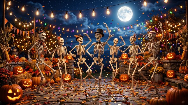 A lively group of skeletons joyfully dancing under a full moon in a festive Halloween night