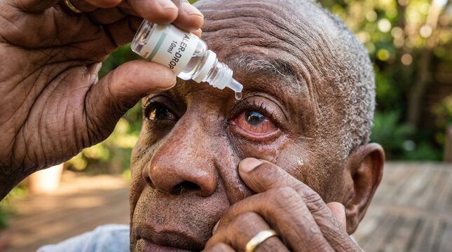 close up of elderly black man self administering medical eye drops into red irritated eye outdoors, representing glaucoma treatment, dry eye relief, senior healthcare, and eye drops.