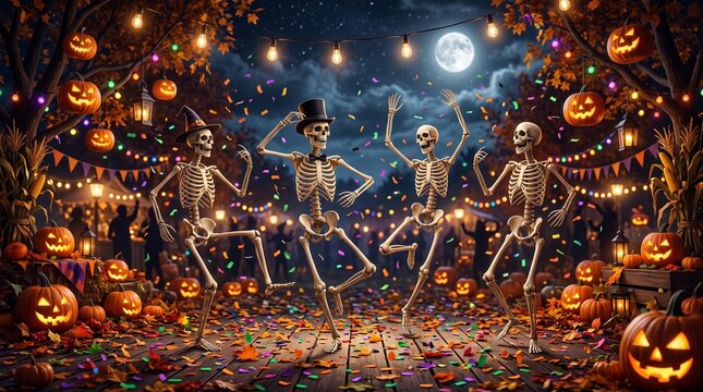 Halloween party scene with dancing skeletons under a full moon with illuminated jack-o-lantern pumpkins and festive decorations