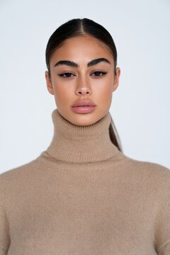 Close studio portrait of a female model in beige turtleneck sweater with defined brows and neutral makeup for fashion headshot and beauty portrait background for design