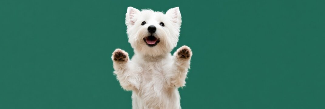Smiling white terrier puppy on muted green background for pet advertisement banner and website header with copy space