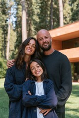 Fototapeta premium Smiling family portrait outdoors in front of modern house for lifestyle background and banner design