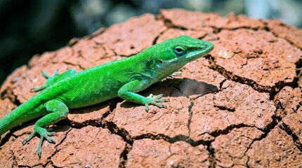Fototapeta premium Vibrant Green Gecko on Arid Cracked Red Soil