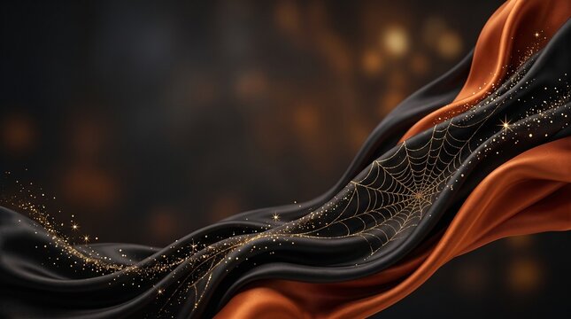 Elegant Halloween dark orange and black fabric with glittering gold dust and spider web decoration, perfect for festive invitations and designs