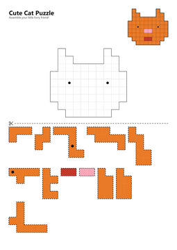 Cut and Paste Orange Cat Pixel Puzzle Worksheet for Kids: Scripted Content Cut and paste orange cat pixel puzzle worksheet for kids featuring a polyomino scissor skills activity page for kindergarten 