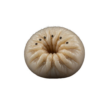 a large, thick pale cream wood-boring larva, segmented with deeply wrinkled texture and dark spiracles, curled tightly on a reflective black surface against a pure black void, clinical macro