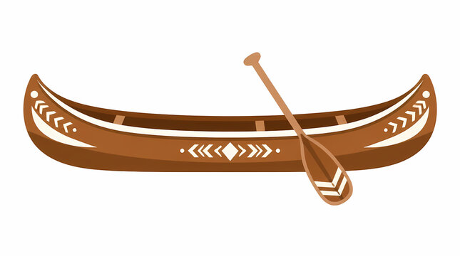 Canoe with paddle resting inside, traditional wooden design featuring geometric patterns and decorative motifs for watercraft use