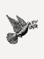 Fototapeta premium Vintage Flying Dove with Olive Branch Engraving | Victorian Christmas Bird Illustration