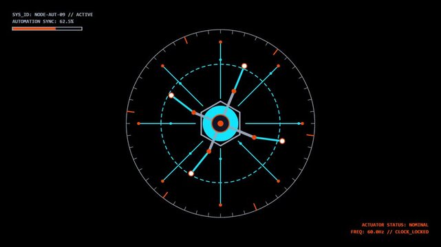 Modern flat circular HUD interface showing rotating UI elements and digital data telemetry on a black background