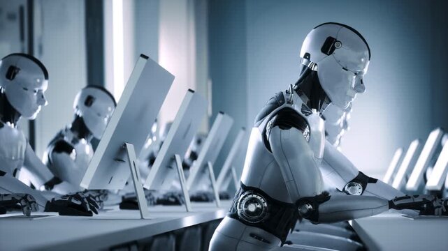 Humanoid Robots Working in a Futuristic Digital Office Environment 4K