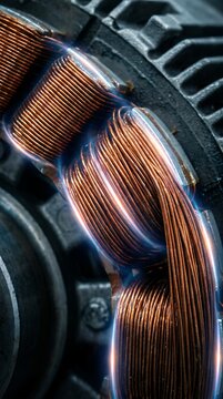 Close up of glowing copper electrical wiring wrapped around industrial rubber texture showing heat and metallic strands