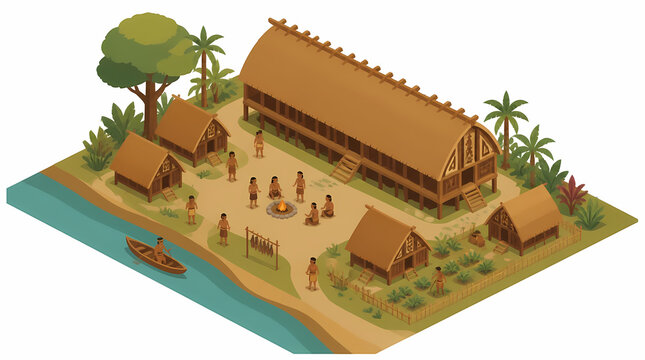 Primitive Village Community Gathering Around Fire Pit Near Riverbank With Elevated Longhouse And Small Huts
