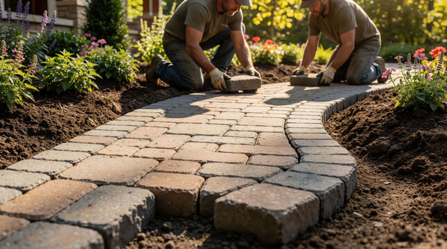 Two pro workers install interlocking stone pavers to build garden pathway at residential site. Men kneel on dirt laying concrete bricks for walkway construction. Teamwork experts create outdoor