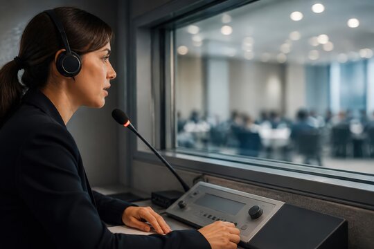 Conference interpreter in soundproof booth with headset
