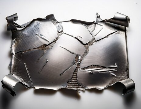 damaged metal sheet with torn edges in dramatic lighting on white background for industrial design
