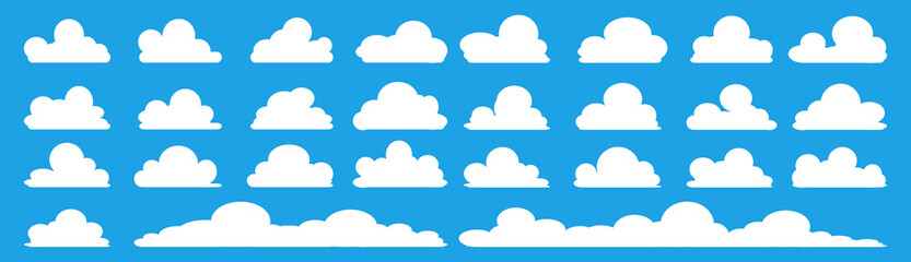 Fototapeta premium set of vector illustrations of clumpy clouds, cloud bubbles in flat style on a blue background 