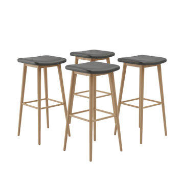 three identical, sleek modern bar stools with dark gray matte seats and light oak legs, isolated on a solid transparent background, showcasing high-end minimalist furniture