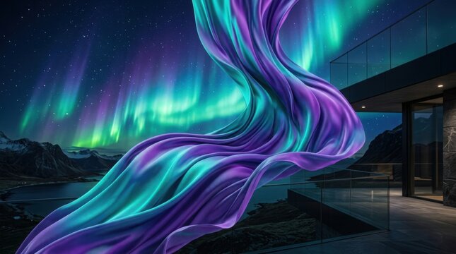 Flowing silk fabric with aurora borealis colors. Abstract liquid wave background design.