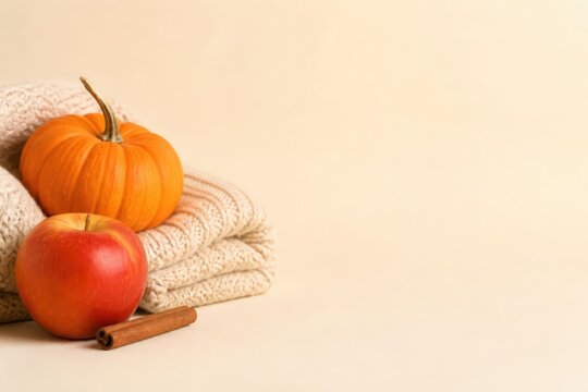 Autumn still life with pumpkin apple and cinnamon